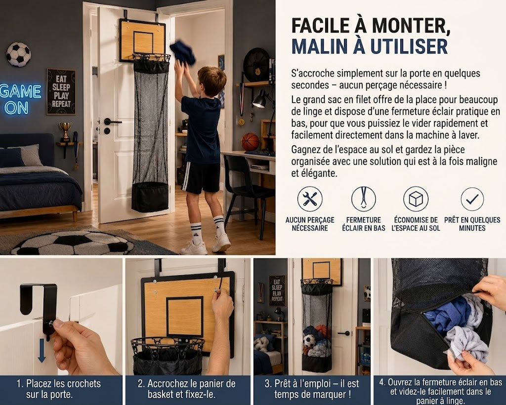 Panier à linge de porte : Panier de basket & Panier à linge 2-en-1🏀