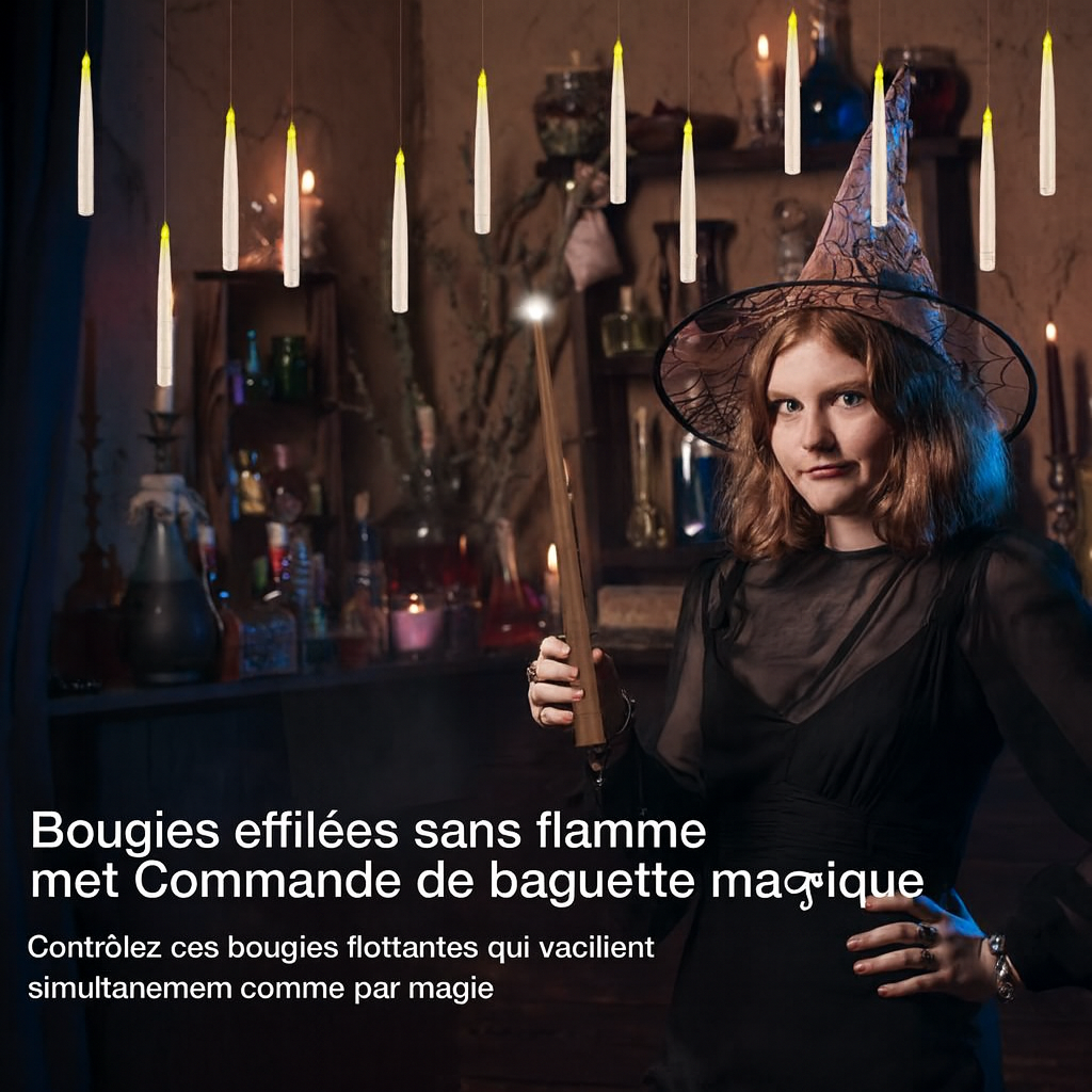 12 Bougies LED Flottantes avec Télécommande Baguette Magique – Bougies Suspendues Sans Flamme pour Décoration de Noël & Halloween