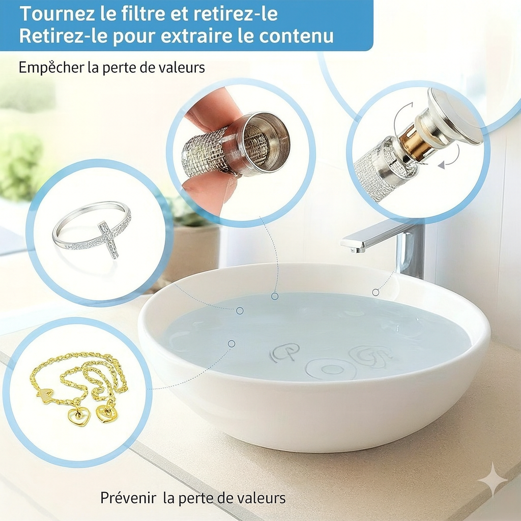 Bouchon de Lavabo 2-en-1 avec Filtre à Cheveux