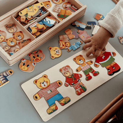 Puzzle d'Habillage Ours en Bois – Coffret de Puzzle avec Boîte de Rangement (Jouet Éducatif)