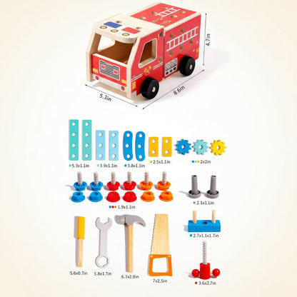 Kit de Construction Camion de Pompiers en Bois – Jouet de Construction avec Outils (Éducatif & Durable)