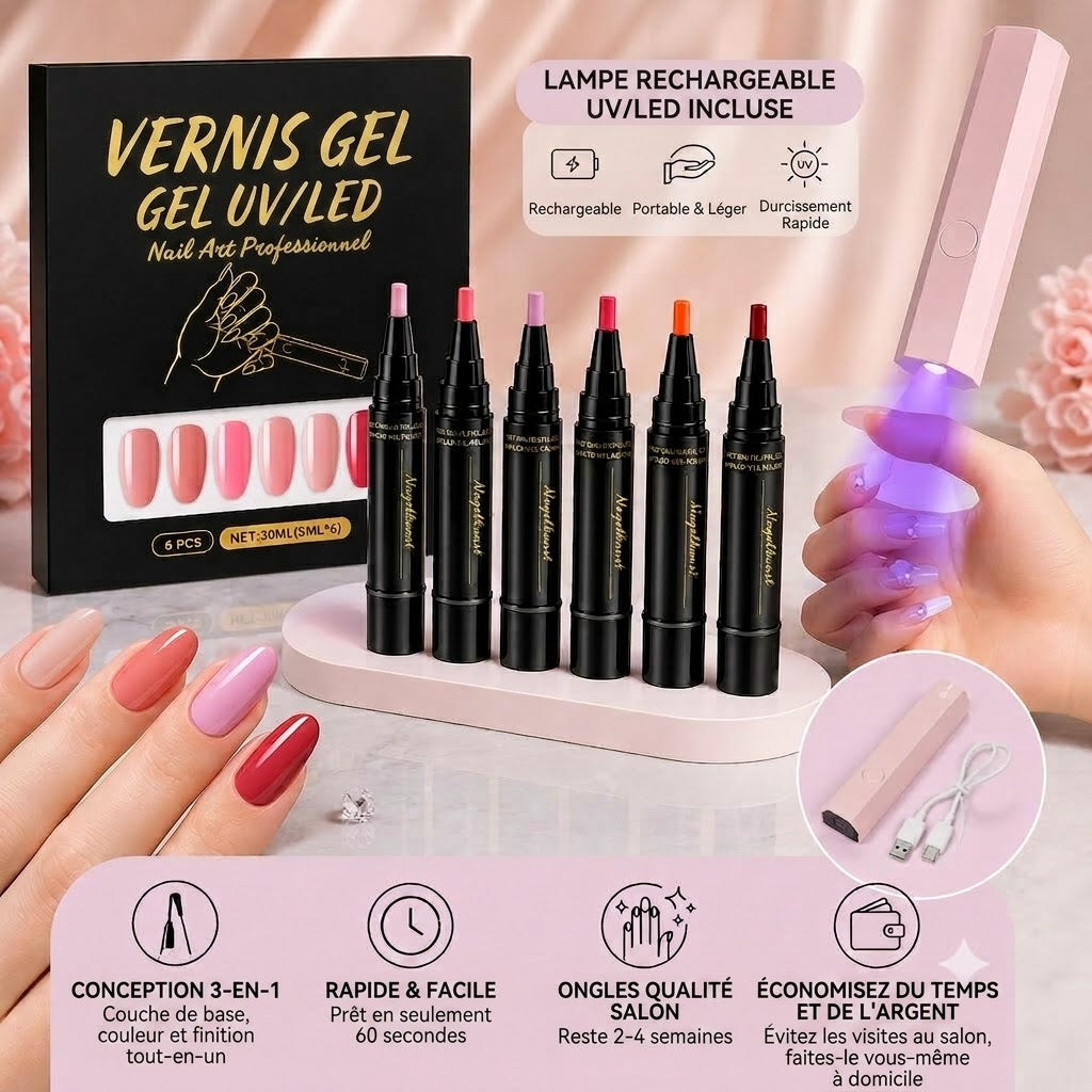 SalonPen – Stylo vernis à ongles 3-en-1 (avec lampe UV) – Lot de 6