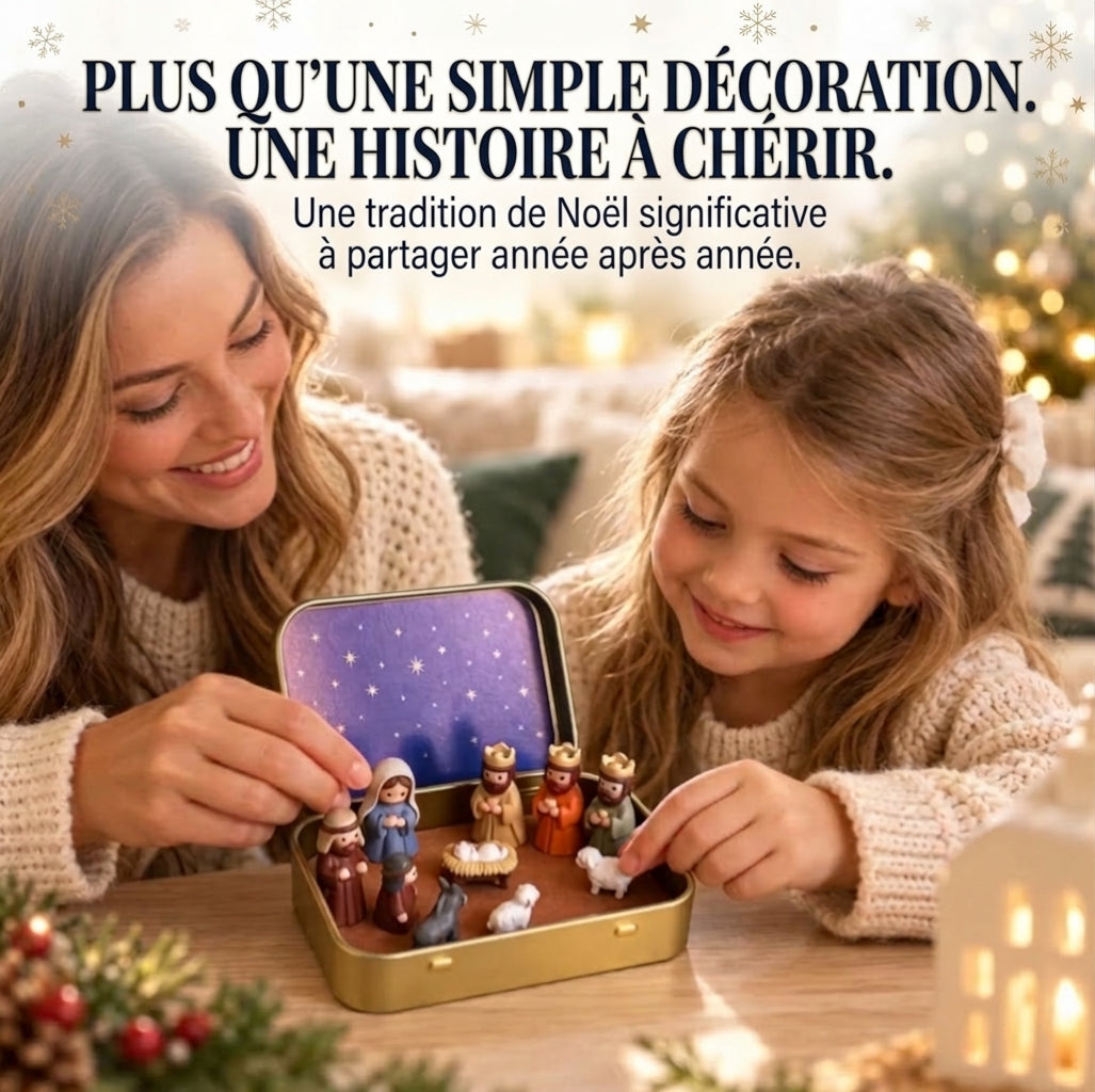 Mini crèche de Noël portable en boîte métallique – Crèche artisanale de poche