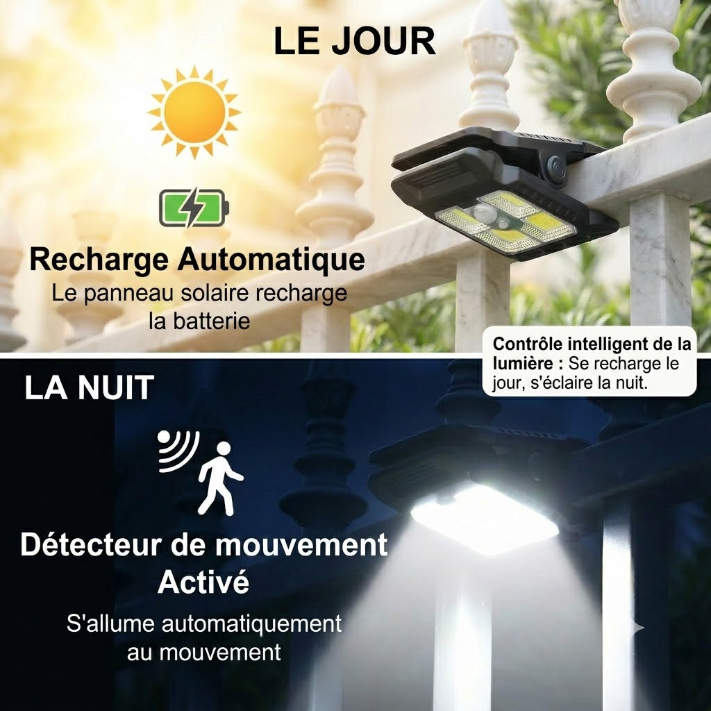 Lampe solaire à pince pratique avec détecteur de mouvement
