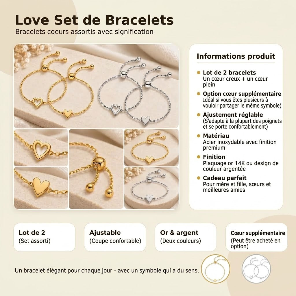 Ensemble de bracelets d'amour – Bracelet cœur plaqué or 14K