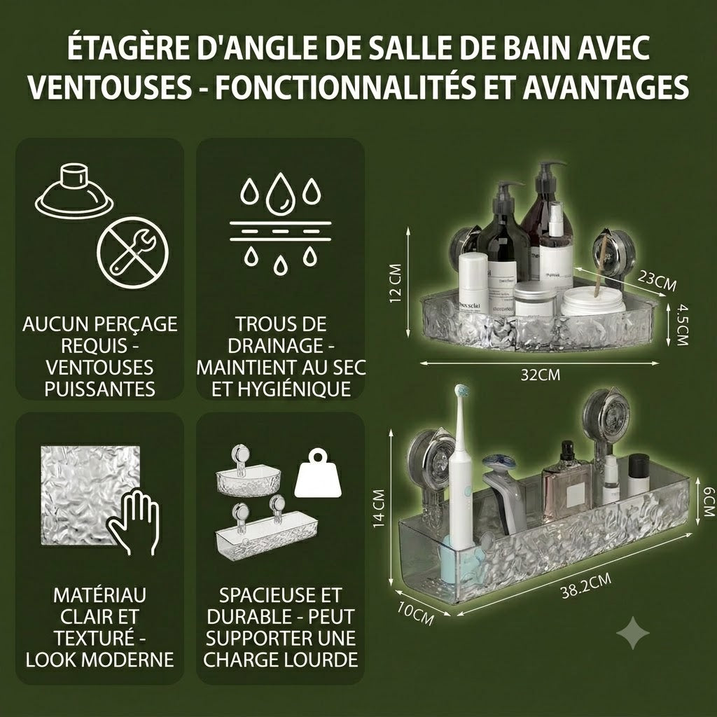 Étagère d'angle de salle de bain à ventouses – Étagère de rangement sans perçage