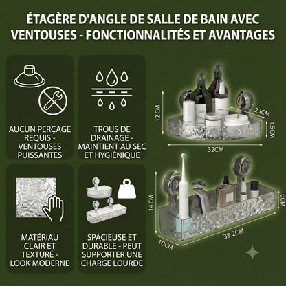 Étagère d'angle de salle de bain à ventouses – Étagère de rangement sans perçage
