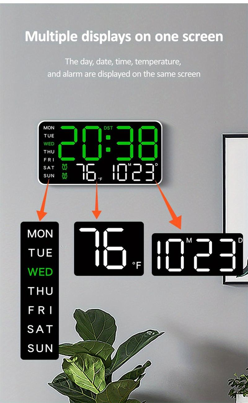 Grande horloge murale numérique avec affichage LED – Horloge électronique moderne avec date et température
