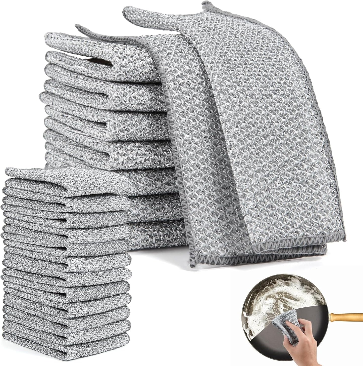 Chiffons de nettoyage réutilisables en maille argentée (Lot de 10) - Nettoyage puissant sans rayures - Pour poêles, vitres et plans de travail - Séchage rapide et durable