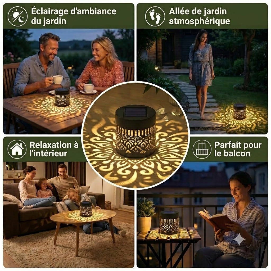 Lampe de jardin solaire mandala colorée – Applique murale LED étanche avec effet de projection pour l'extérieur
