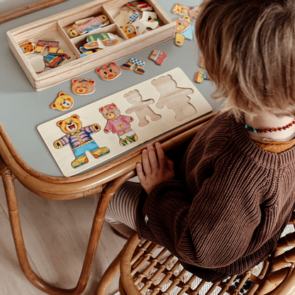 Puzzle d'Habillage Ours en Bois – Coffret de Puzzle avec Boîte de Rangement (Jouet Éducatif)