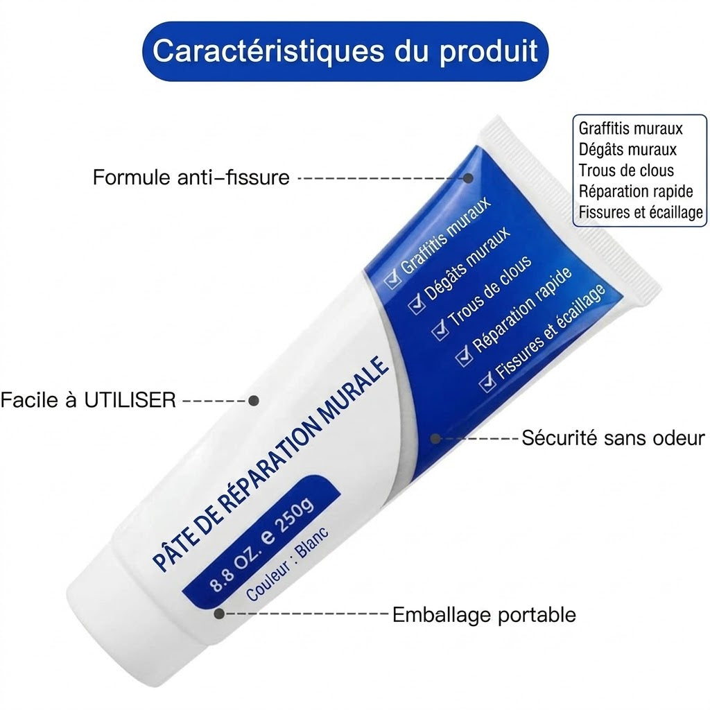 Enduit de rebouchage blanc - 250g - Pâte de réparation pour trous et fissures