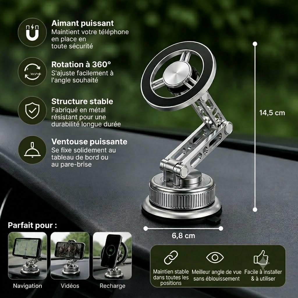 Support de téléphone pour voiture entièrement métallique avec aimant ultra-puissant et ventouse