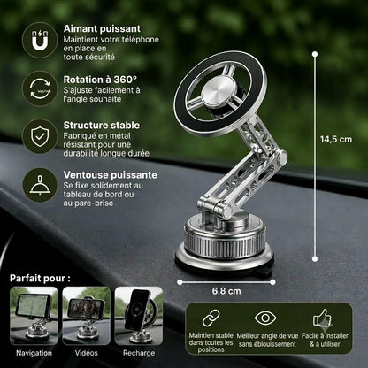 Support de téléphone pour voiture entièrement métallique avec aimant ultra-puissant et ventouse