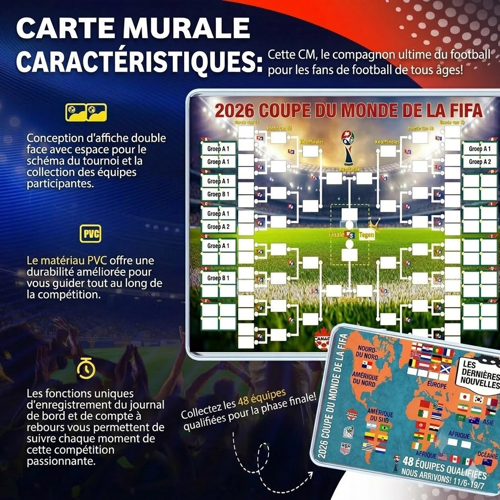 Poster du calendrier de la Coupe du Monde 2026 – Remplissez-le, placez vos paris et suivez tout le tournoi.