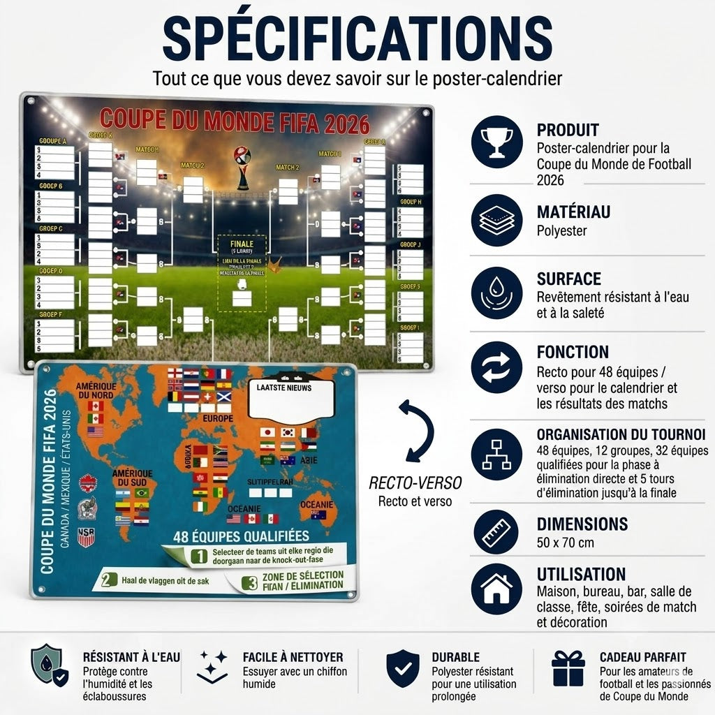 Poster du calendrier de la Coupe du Monde 2026 – Remplissez-le, placez vos paris et suivez tout le tournoi.