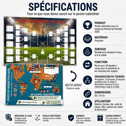Poster du calendrier de la Coupe du Monde 2026 – Remplissez-le, placez vos paris et suivez tout le tournoi.