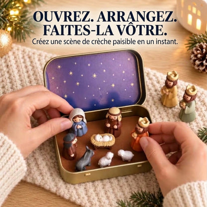 Mini crèche de Noël portable en boîte métallique – Crèche artisanale de poche