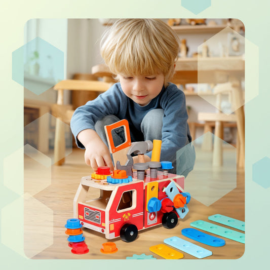 Kit de Construction Camion de Pompiers en Bois – Jouet de Construction avec Outils (Éducatif & Durable)