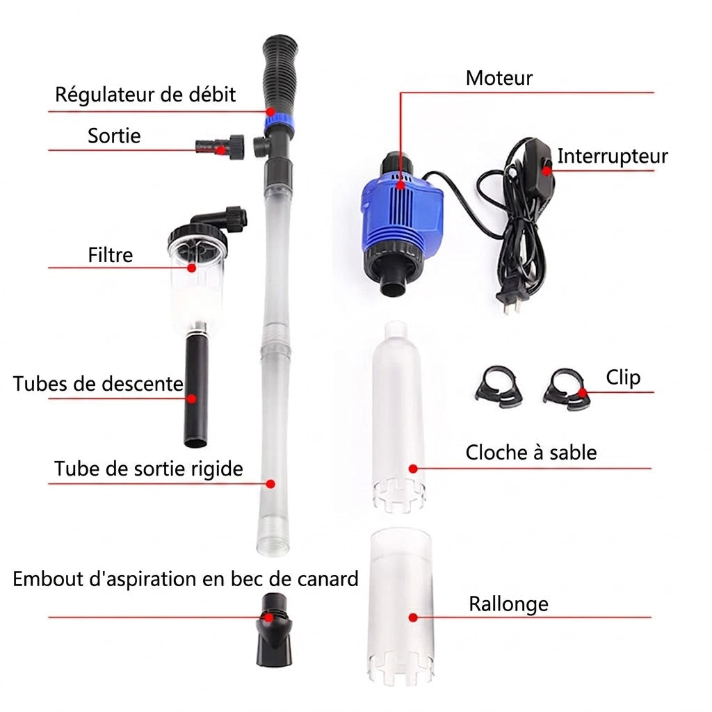 Aspirateur électrique et changeur d'eau pour aquarium - Nettoyeur de fond 3-en-1 - Avec fonction de filtration