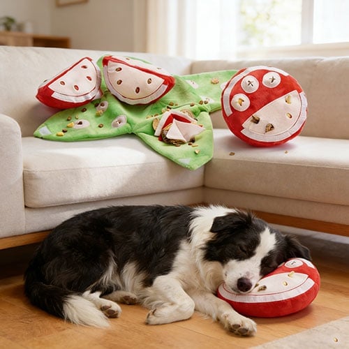 Jeu de fouille interactif pour chien - Peluche puzzle fruit avec cachettes