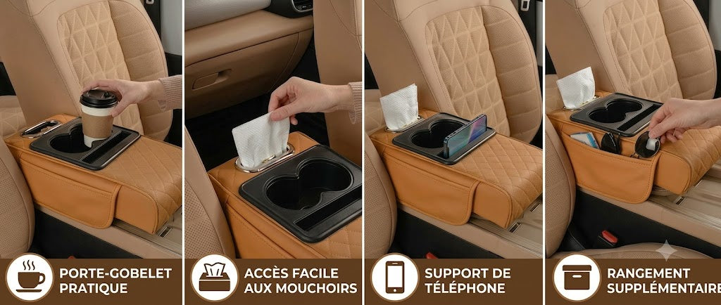 Sac de rangement multifonction pour accoudoir de voiture – Avec porte-gobelet et compartiment intégré