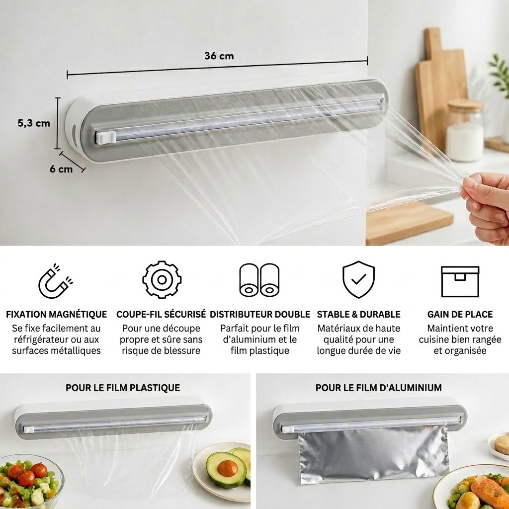 Distributeur mural magnétique pour film étirable et papier aluminium avec coupe-film sécurisé