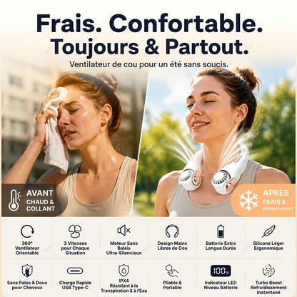 Climatiseur & Ventilateur de cou – Rafraîchissement personnel silencieux pour l'été