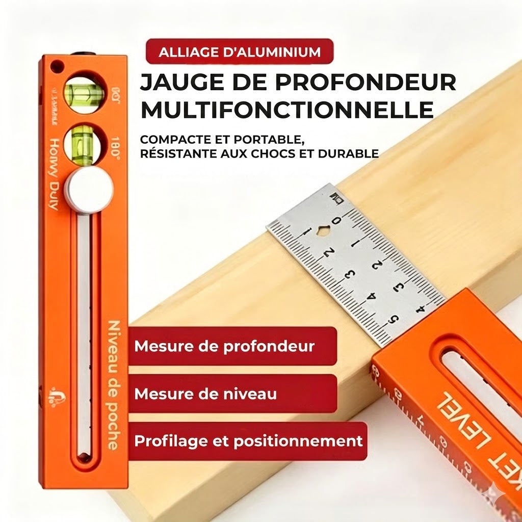 Jauge de profondeur multifonction avec niveau à bulle - Outil de mesure pour le travail du bois et le bricolage