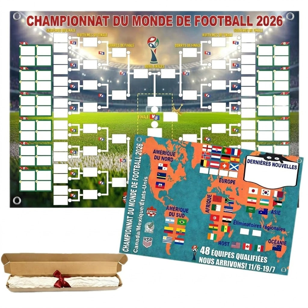 Poster du calendrier de la Coupe du Monde 2026 – Remplissez-le, placez vos paris et suivez tout le tournoi.