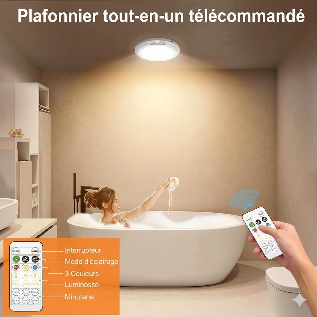 Plafonnier rechargeable avec détecteur de mouvement - Sans fil - Télécommande incluse
