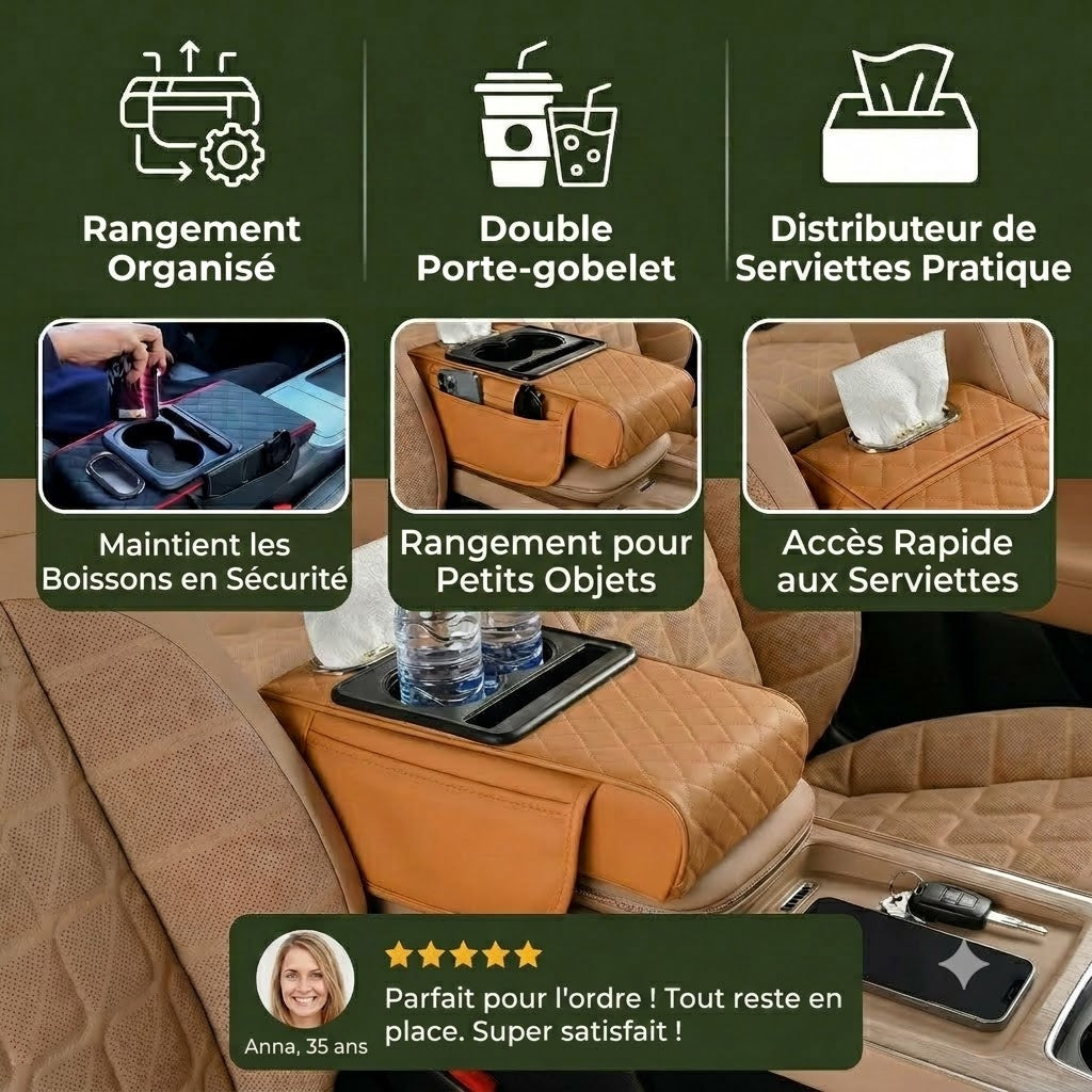 Sac de rangement multifonction pour accoudoir de voiture – Avec porte-gobelet et compartiment intégré