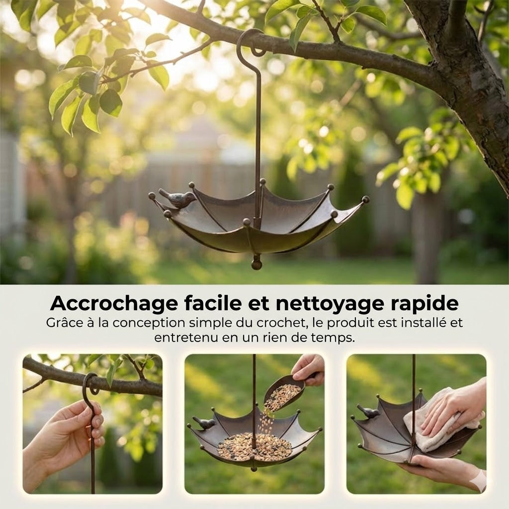Mangeoire et abreuvoir suspendus pour oiseaux – Silo d'alimentation en forme de parapluie – Station de nourrissage 2 en 1
