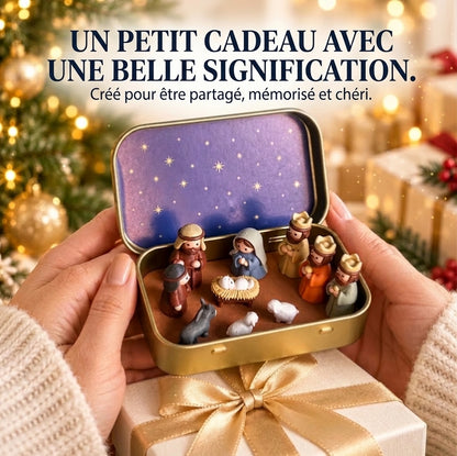 Mini crèche de Noël portable en boîte métallique – Crèche artisanale de poche