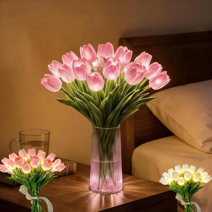 Lampe tulipe LED romantique - Veilleuse d'ambiance - Fleurs artificielles avec lumière - Décoration