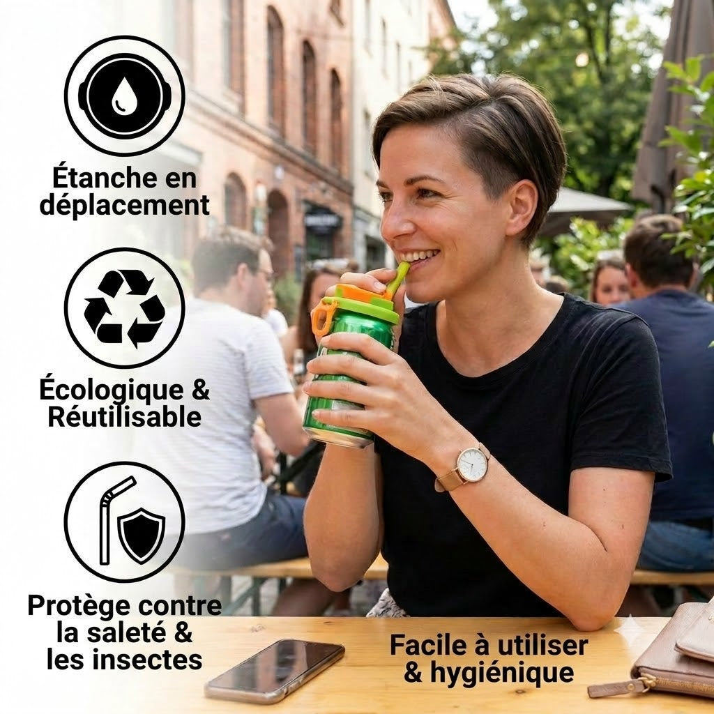 Couvercles de canette 2-en-1 réutilisables en silicone avec paille – Couvercles étanches et portables pour boisson (1 lot de 2 pièces)