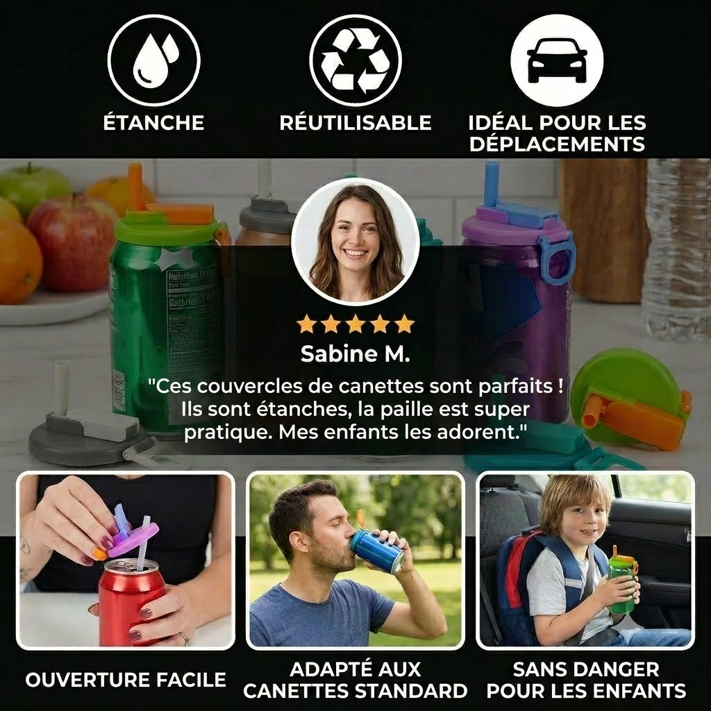 Couvercles de canette 2-en-1 réutilisables en silicone avec paille – Couvercles étanches et portables pour boisson (1 lot de 2 pièces)