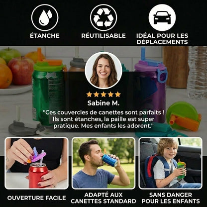 Couvercles de canette 2-en-1 réutilisables en silicone avec paille – Couvercles étanches et portables pour boisson (1 lot de 2 pièces)