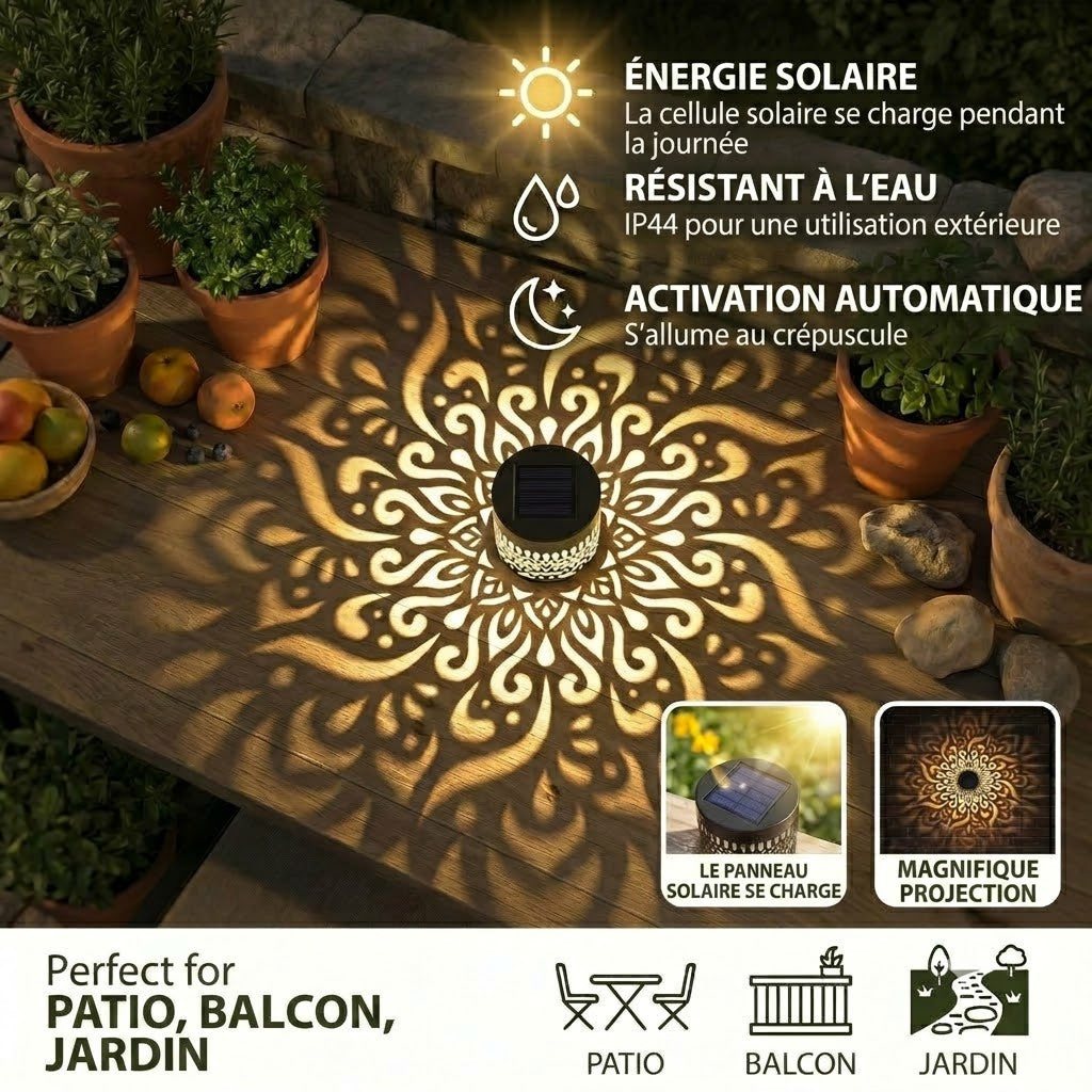 Lampe de jardin solaire mandala colorée – Applique murale LED étanche avec effet de projection pour l'extérieur