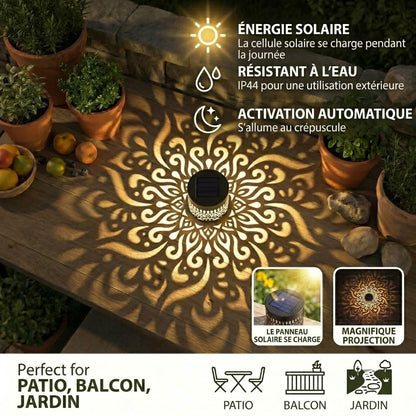 Lampe de jardin solaire mandala colorée – Applique murale LED étanche avec effet de projection pour l'extérieur