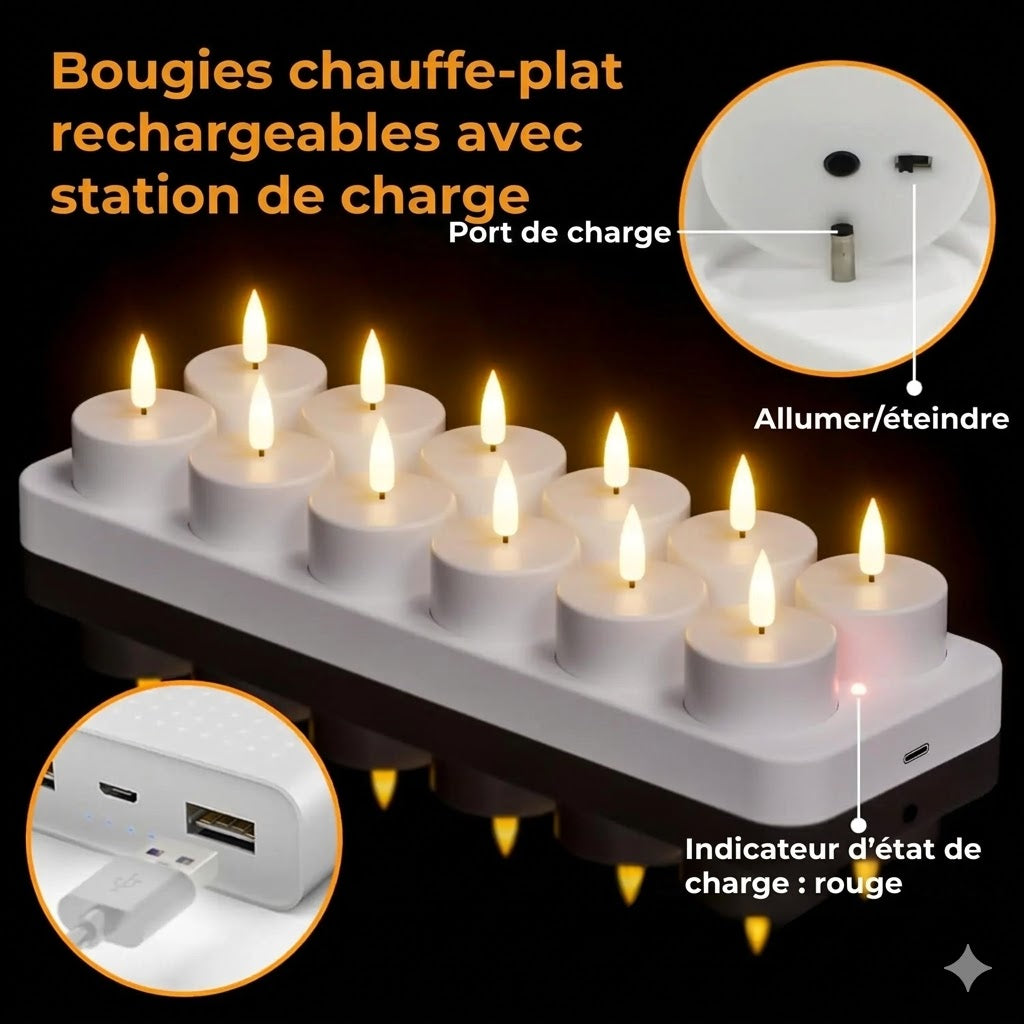 Bougies Chauffe-plat LED Rechargeables (Sans flamme) – Créez une ambiance chaleureuse sans risque d'incendie