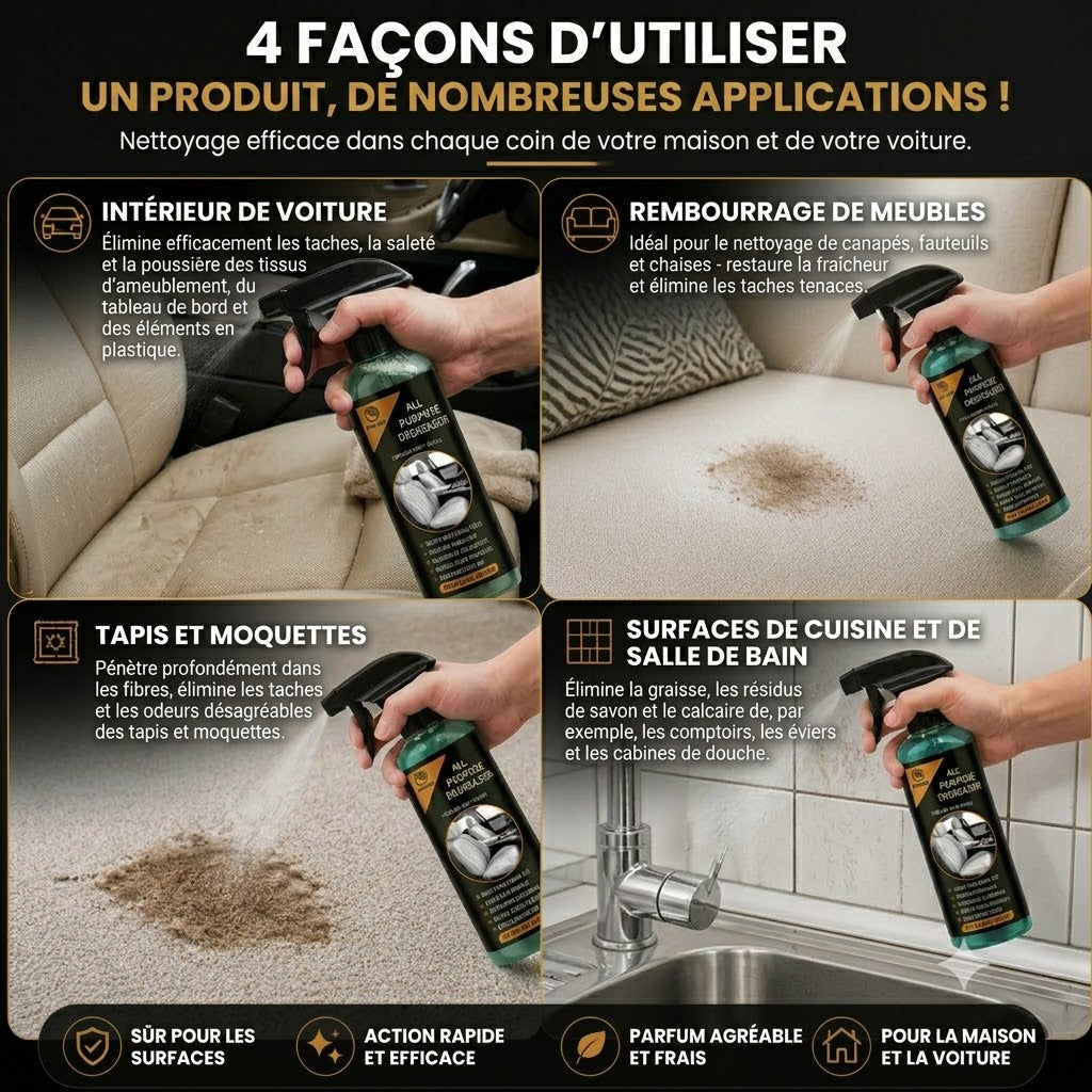Spray de nettoyage multifonction pour voiture – Détachant puissant et la solution ultime contre les saletés tenaces