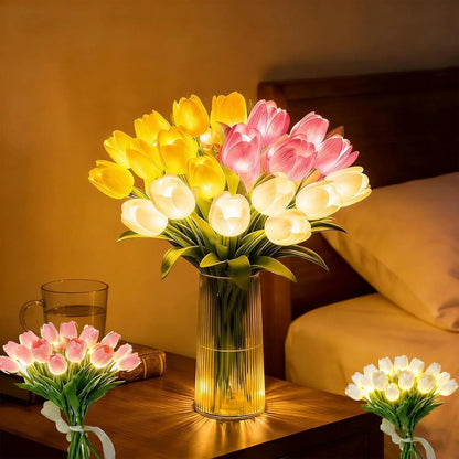 Lampe tulipe LED romantique - Veilleuse d'ambiance - Fleurs artificielles avec lumière - Décoration