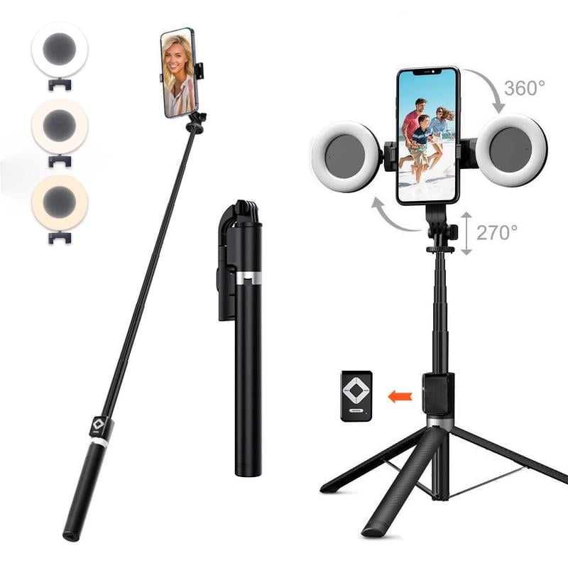Perche à Selfie Trépied 6-en-1 avec Lumière – Trépied Bluetooth avec Télécommande (Pour iPhone & Android)