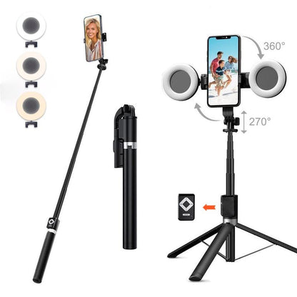 Perche à Selfie Trépied 6-en-1 avec Lumière – Trépied Bluetooth avec Télécommande (Pour iPhone & Android)