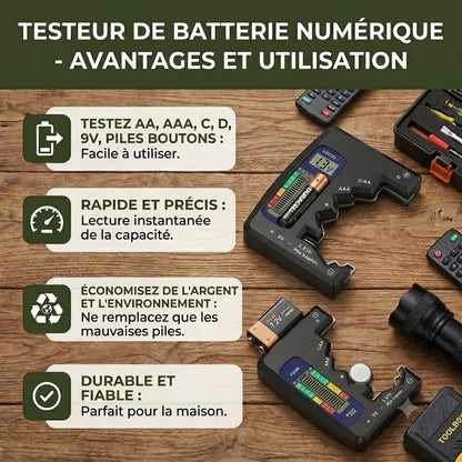 Testeur de pile numérique avec écran LCD – Mesure la capacité des piles AA, AAA, C, D, 9V et bouton 🔋