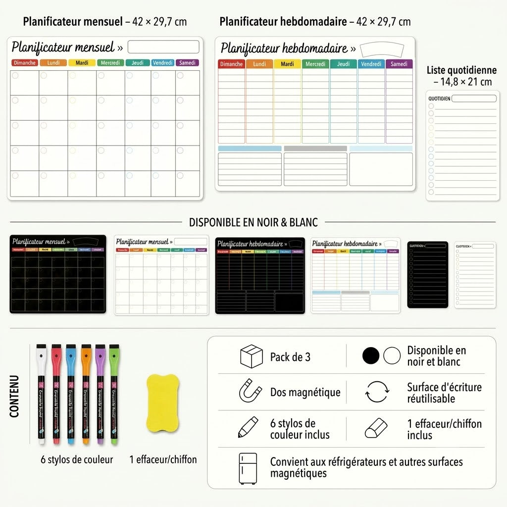 Planning familial magnétique – Agenda mensuel, hebdomadaire et quotidien