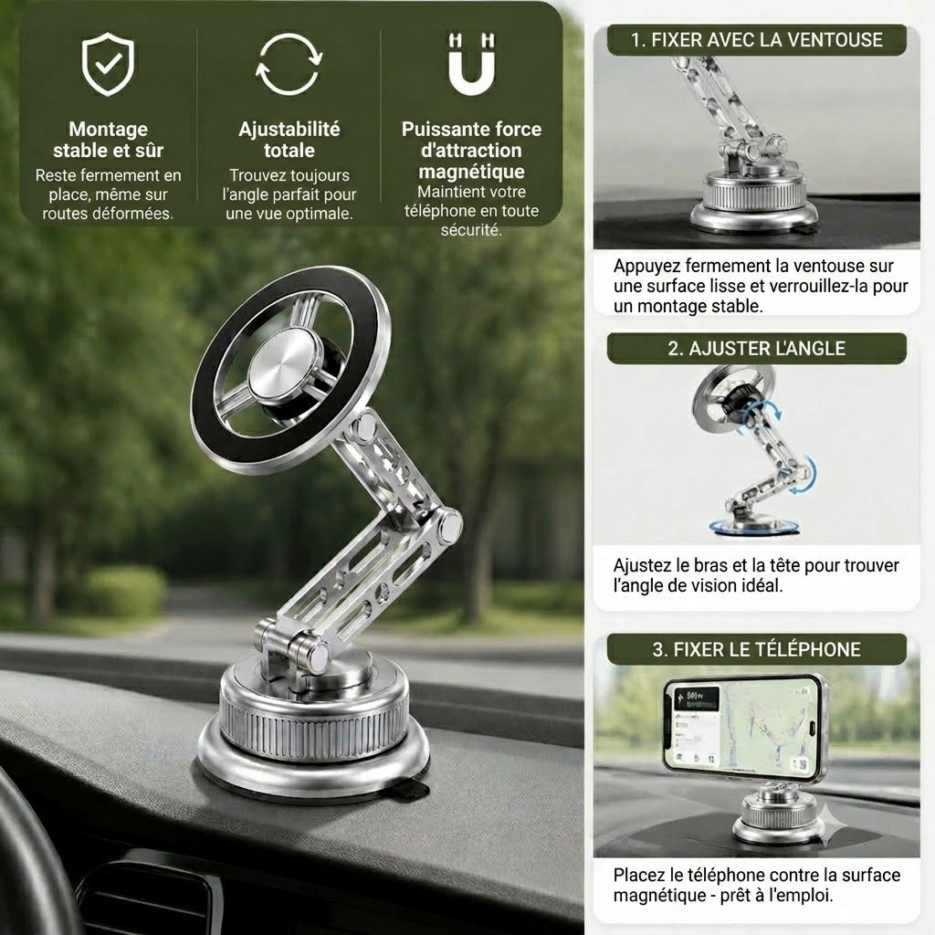Support de téléphone pour voiture entièrement métallique avec aimant ultra-puissant et ventouse