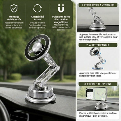 Support de téléphone pour voiture entièrement métallique avec aimant ultra-puissant et ventouse