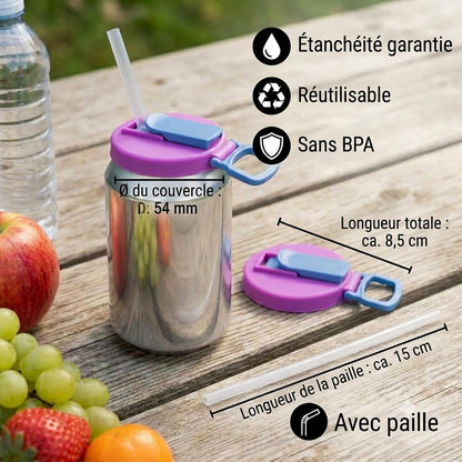 Couvercles de canette 2-en-1 réutilisables en silicone avec paille – Couvercles étanches et portables pour boisson (1 lot de 2 pièces)